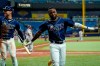 Tampa Bay Rays' Randy Arozarena celebrates after scoring on an RBI double by Yandy Diaz off Boston Red Sox pitcher Stephen Gonsalves during the third inning of a baseball game Tuesday, Aug. 31, 2021, in St. Petersburg, Fla. (AP Photo/Chris O'Meara)