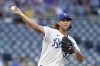 Kansas City Royals starting pitcher Jackson Kowar throws during the first inning of a baseball game against the Cleveland Indians Wednesday, Sept. 1, 2021, in Kansas City, Mo. (AP Photo/Charlie Riedel)