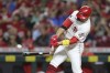 Cincinnati Reds' Joey Votto (19) breaks his bat as he singles off Detroit Tigers starting pitcher Matthew Boyd during the third inning of a baseball game, Saturday, Sept. 4, 2021, in Cincinnati. (AP Photo/Gary Landers)