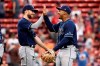 Tampa Bay Rays' Wander Franco, right, celebrates with relief pitcher Collin McHugh after they defeated the Boston Red Sox in 10 innings of a baseball game Monday, Sept. 6, 2021, at Fenway Park in Boston. (AP Photo/Winslow Townson)