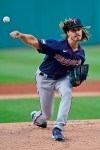 Minnesota Twins starting pitcher Joe Ryan delivers during the first inning of the team's baseball game against the Cleveland Indians, Wednesday, Sept. 8, 2021, in Cleveland. (AP Photo/Tony Dejak)