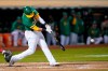 Oakland Athletics' Yan Gomes hits an RBI single against the Chicago White Sox during the fourth inning of a baseball game in Oakland, Calif., Wednesday, Sept. 8, 2021. (AP Photo/Jeff Chiu)