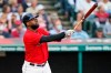 Cleveland Indians' Franmil Reyes watches his two-run home run during the third inning of the team's baseball game against the Minnesota Twins, Thursday, Sept. 9, 2021, in Cleveland. (AP Photo/Tony Dejak)