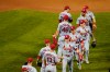 St. Louis Cardinals' Harrison Bader (48) celebrates with teammates after a baseball game against the New York Mets Wednesday, Sept. 15, 2021, in New York. The Cardinals won 11-4. (AP Photo/Frank Franklin II)
