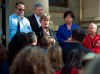 Janet Hazelton, president of the Nova Scotia Nurses' Union, accompanied by other pubic sector labour leaders, addresses workers as they protest the Liberal government's move to reorganize the administration of the province's health-care system, at the Nova Scotia legislature in Halifax on Friday, Sept. 26, 2014. Nova Scotia nurses are joining their unionized counterparts from across the country to rally against ongoing nursing shortages in the health system. THE CANADIAN PRESS/Andrew Vaughan