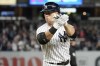 New York Yankees' Brett Gardner reacts after hitting an an RBI-single in the ninth inning of a baseball game against the Tampa Bay Rays, Friday, Oct. 1, 2021, in New York. (AP Photo/Mary Altaffer)
