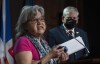 NDP Member of Parliament Charlie Angus looks on as Mushkegowuk Council Deputy Grand Chief Rebecca Friday (left) speaks during a news conference on Parliament Hill, Monday, October 25, 2021 in Ottawa. THE CANADIAN PRESS/Adrian Wyld