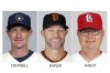 FILE - Baseballs Managers of the Year will be announced Tuesday, Nov. 16, 2021. Craig Counsell, Gabe Kapler and Mike Shildt, shown in 2021, are the finalists in the National League. (Pool via AP, File)