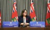 Heather Stefanson speaks to the media after being sworn in as Manitoba's 24th premier at the Manitoba Legislative Building in Winnipeg on Tuesday, Nov. 2, 2021. Stefanson says the province's throne speech will be very general and not long on detail. THE CANADIAN PRESS/David Lipnowski