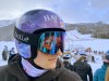 Brodie Seger, of Canada, wears his ALS competition helmet at the FIS World Cup downhill ski race in Lake Louise, Alta., Friday, Nov. 26, 2021.&nbsp;Seger's new purple and blue, beflowered helmet is the product of his fundraising campaign for the ALS Society of B.C. Seger's father, Mark, has lived with the condition for nine years. THE CANADIAN PRESS/Frank Gunn