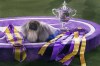 FILE - Wasabi, a Pekingese, rests on the winner's podium with its trophy and ribbons after winning Best in Show at the Westminster Kennel Club dog show, Sunday, June 13, 2021, in Tarrytown, N.Y. The Westminster Kennel Club's annual dog show has become the latest event to be postponed or canceled in New York as the number of coronavirus cases surges. The club's board of governors announced Wednesday, Dec 29, 2021, it was postponing its 2022 event, scheduled for late January, to later in the year. A new date wasn't given. (AP Photo/Kathy Willens, File)