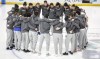 Players from the Slovakian team gather at centre ice after the IIHF World Junior Hockey Championship was cancelled in Red Deer, Alberta on Wednesday, Dec. 29, 2021.THE CANADIAN PRESS/Jeff McIntosh