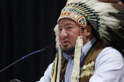 Grand Chief Derek Nepinak, Assembly of Manitoba Chiefs, speaks at a Special Chiefs assembly/conference on climate change and the environment in Winnipeg, Tuesday, Nov. 29, 2016. THE CANADIAN PRESS/John Woods