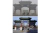 FILE - Cyclists ride past a traditional Chinese gateway during a day murky from fog and pollution in Beijing, on Oct. 26, 2007, top, and the same location on Feb. 5, 2022. Beijing’s air still has a long way to go, but is measurably better than past years. (AP Photo/Ng Han Guan, File)