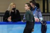 Coach Eteri Tutberidze, left, talks to Kamila Valieva, of the Russian Olympic Committee, during a training session at the 2022 Winter Olympics, Saturday, Feb. 12, 2022, in Beijing. (AP Photo/Bernat Armangue)