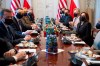 Poland's President Andrzej Duda, second left, sits opposite US Vice President Kamala Harris, during a meeting at Belwelder Palace, in Warsaw, Poland, Thursday, March 10, 2022. (Saul Loeb/Pool Photo via AP)