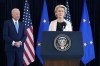 President Joe Biden and European Commission President Ursula von der Leyen talk to the press about the Russian invasion of Ukraine, at the U.S. Mission in Brussels, Friday, March 25, 2022, in Brussels. (AP Photo/Evan Vucci)