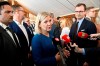 Prime Minister Magdalena Andersson receives media attention prior to the parliamentary debate on the Swedish application for NATO membership, in Stockholm, Monday, May 16, 2022. Sweden's lawmakers debate about applying for NATO membership, paving the way for a historic expansion of the alliance that could deal a serious blow to Russia. (Henrik Montgomery/TT News Agency via AP)