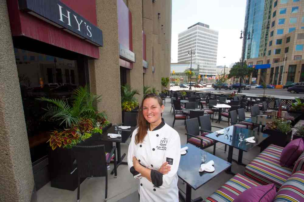 Executive Chef Jackie Hildebrand on Hy's patio at Portage and Main. (Mike Deal / Winnipeg Free Press)