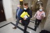 Ron Schuler (centre) refused to answer any questions from Winnipeg Free Press reporter Carol Sanders (right). (Mike Deal / Winnipeg Free Press)