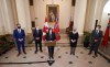 David Lipnowski/The Canadian Press
Premier Heather Stefanson (centre) speaks to the media at a press conference following a swearing-in ceremony for her cabinet alongside (from left) ministers Andrew Smith, Scott Johnston, Eileen Clarke and Doyle Piwniuk at the Manitoba Legislative Building in Winnipeg on Tuesday.