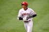 Los Angeles Angels designated hitter Shohei Ohtani reacts while headed back to home plate after breaking his bat on a foul ball during the seventh inning of a baseball game against the San Francisco Giants in Anaheim, Calif., Tuesday, Aug. 18, 2020. (AP Photo/Kelvin Kuo)