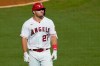 Los Angeles Angels' Mike Trout reacts after flying out to Arizona Diamondbacks right fielder Kole Calhoun during the fifth inning of a baseball game Tuesday, Sept. 15, 2020, in Anaheim, Calif. (AP Photo/Ashley Landis)