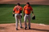 Houston Astros relief pitcher Chris Devenski, right, is relieved by manager Dusty Baker during the eighth inning of a baseball game against the Los Angeles Angels, Sunday, Sept. 6, 2020, in Anaheim, Calif. (AP Photo/Jae C. Hong)