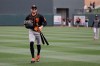 San Francisco Giants' Hunter Pence runs to the dugout before a spring training baseball game against the Arizona Diamondbacks, Monday, March 2, 2020, in Scottsdale, Ariz.(AP Photo/Darron Cummings)