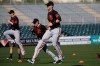 San Francisco Giants catcher Buster Posey, right, jumps in the air as he warms up with teammates during spring training baseball workouts for pitchers and catchers Wednesday, Feb. 12, 2020, in Scottsdale, Ariz. (AP Photo/Ross D. Franklin)