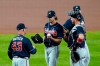 Atlanta Braves starting pitcher Cole Hamels, center, is pulled from the game by manager Brian Snitker, left, during the fourth inning of a baseball game against the Baltimore Orioles, Wednesday, Sept. 16, 2020, in Baltimore. (AP Photo/Julio Cortez)