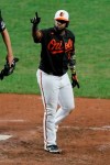 Baltimore Orioles' Hanser Alberto gestures after hitting a solo home run off Tampa Bay Rays relief pitcher Ryan Thompson during the eighth inning of a baseball game, Friday, July 31, 2020, in Baltimore. (AP Photo/Julio Cortez)