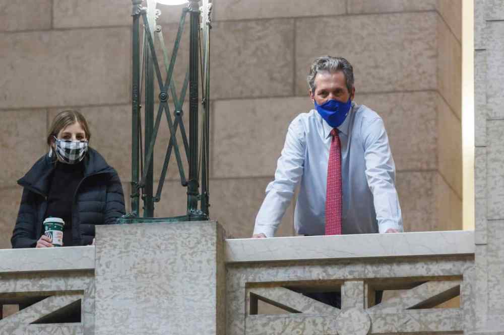 MIKE DEAL / WINNIPEG FREE PRESS
Premier Brian Pallister watches the first media scrum that his new cabinet minister, Audrey Gordon, Minister of Mental Health, Wellness and Recovery, held after her appointment on Tuesday.