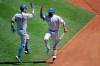 Texas Rangers' Todd Frazier, left, celebrates with Isiah Kiner-Falefa after hitting a home run against the Oakland Athletics in the sixth inning of a baseball game Thursday, Aug. 6, 2020, in Oakland, Calif. (AP Photo/Ben Margot)