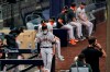 San Francisco Giants center fielder Mauricio Dubon wears a mask before the team's baseball game against the San Diego Padres on Friday, Sept. 11, 2020, in San Diego. Friday night's game was postponed minutes before the scheduled first pitch. No reason was immediately given. (AP Photo/Gregory Bull)