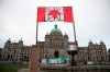 Wet'suwet'en protesters camp out in front of legislature before the speech from the throne in Victoria, B.C., on Tuesday, February 11, 2020. THE CANADIAN PRESS/Chad Hipolito