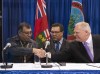 Ontario Premier Doug Ford shakes hands with Chief Cornelius, Wabasse Webequie First Nation, left, and Chief Bruce Achneepineskum, Marten Falls First Nation, centre, after signing a new deal in the ring of fire in Northern Ontario at the Prospectors and Developers Association of Canada's annual convention in Toronto on Monday, March 2, 2020. The Ontario government says Premier Ford is in good health and not experiencing any COVID-19 symptoms after attending a conference where one attendant had the virus. THE CANADIAN PRESS/Nathan Denette