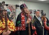 Na'moks (centre), a spokesman for the Wet'suwet'en hereditary chiefs, holds a press conference in Smithers, B.C., Tuesday, Jan.7, 2020, on the one-year anniversary of RCMP enforcement of an injunction granted to Coastal GasLink. Hereditary chiefs of the Wet'suwet'en Nation are pledging to continue fighting a natural gas pipeline through their traditional territory, days after 28 of their supporters were arrested for blocking access to a work site in northern British Columbia. THE CANADIAN PRESS/Amy Smart