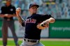 Cleveland Indians starting pitcher Zach Plesac throws against the Chicago White Sox during the first inning of a baseball game in Chicago, Saturday, Aug. 8, 2020. (AP Photo/Nam Y. Huh)