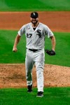 Chicago White Sox starting pitcher Lucas Giolito (27) reacts after closing out a no hitter at the end of a baseball game against the Pittsburgh Pirates, Tuesday, Aug. 25, 2020, in Chicago. (AP Photo/Matt Marton)