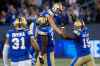 THE CANADIAN PRESS
Winnipeg Blue Bombers' kicker Marc Liegghio (13) celebrates with Jermarcus Hardrick (51) and Tobi Antigha (15) after kicking the game winning field goal against the Calgary Stampeders during second half CFL football action in Winnipeg, Sunday, Aug. 29, 2021. (John Woods / The Canadian Press)