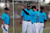 Miami Marlins infielder Jesus Aguilar, center and Miami Marlins coach Robert Rodriguez, left, laugh at Miami Marlins catcher Francisco Cervelli, foreground right, during a spring training baseball practice Wednesday, Feb. 19, 2020, in Jupiter, Fla. (AP Photo/Brynn Anderson)