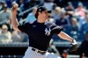 New York Yankees' Gerrit Cole delivers a pitch during the first inning of a spring training baseball game against the Detroit Tigers, Saturday, Feb. 29, 2020, in Tampa, Fla. (AP Photo/Frank Franklin II)