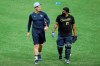 Tampa Bay Rays' Blake Snell, left, talks with bullpen catcher Jean Ramirez during baseball practice Friday July 3, 2020, in St. Petersburg, Fla. (AP Photo/Mike Carlson)
