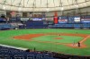The Tampa Bay Rays use a two outfielder, five infielder defense during a team baseball scrimmage Thursday, July 16, 2020, in St. Petersburg, Fla. (AP Photo/Mike Carlson)
