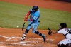Toronto Blue Jays' Jonathan Villar hits a single during the fourth inning of a baseball game against the Miami Marlins, Wednesday, Sept. 2, 2020, in Miami. (AP Photo/Wilfredo Lee)