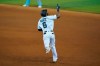 Miami Marlins' Starling Marte celebrates as he rounds first base after hitting a home run during the eighth inning of a baseball game against the Toronto Blue Jays, Tuesday, Sept. 1, 2020, in Miami. (AP Photo/Wilfredo Lee)