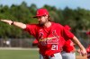 St. Louis Cardinals pitcher Andrew Miller stretches during spring training baseball practice Wednesday, Feb. 12, 2020, in Jupiter, Fla. (AP Photo/Jeff Roberson)
