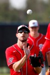 Washington Nationals pitcher Max Scherzer catches a popup during a spring training baseball drill Friday, Feb. 14, 2020, in West Palm Beach, Fla. (AP Photo/Jeff Roberson)