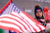 United States' Mikaela Shiffrin stands on the podium after winning an alpine ski, women's World Cup super-G, in Bansko, Bulgaria, Sunday, Jan. 26, 2020. (AP Photo/Giovanni Auletta)